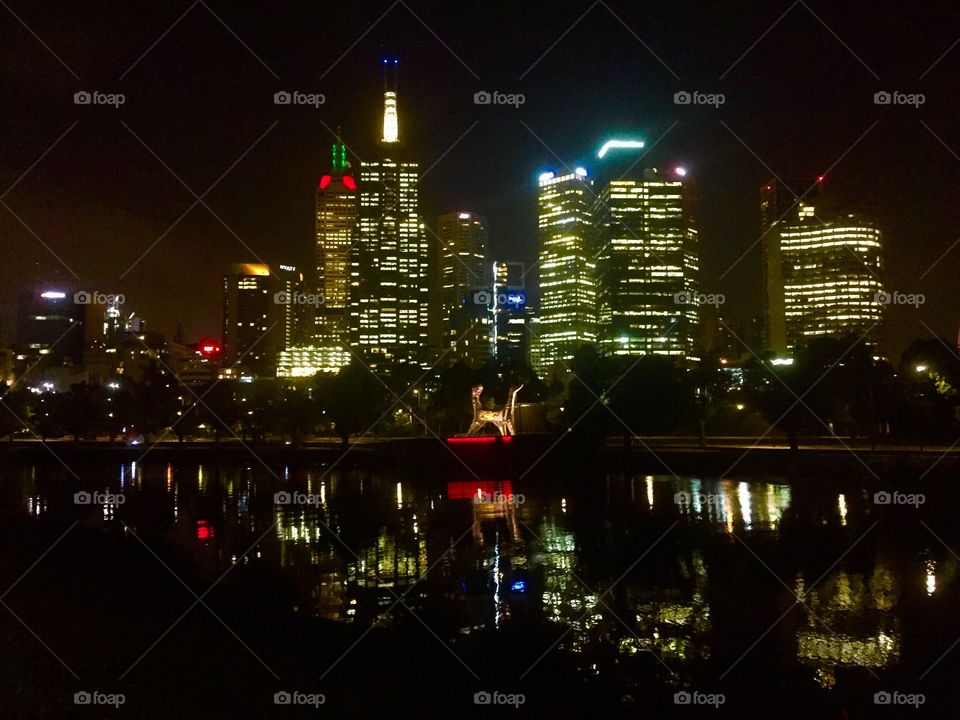 The brightly lit Melbourne cityscape at night