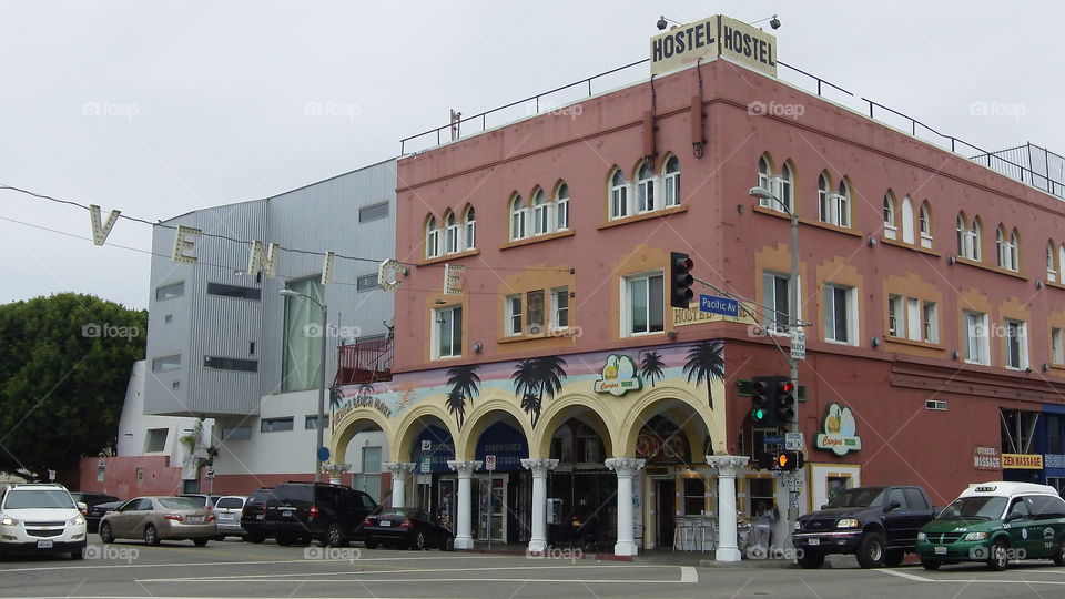 Hostel located on the corner of Pacific and windward, exterior seen in many TV shows and movies.