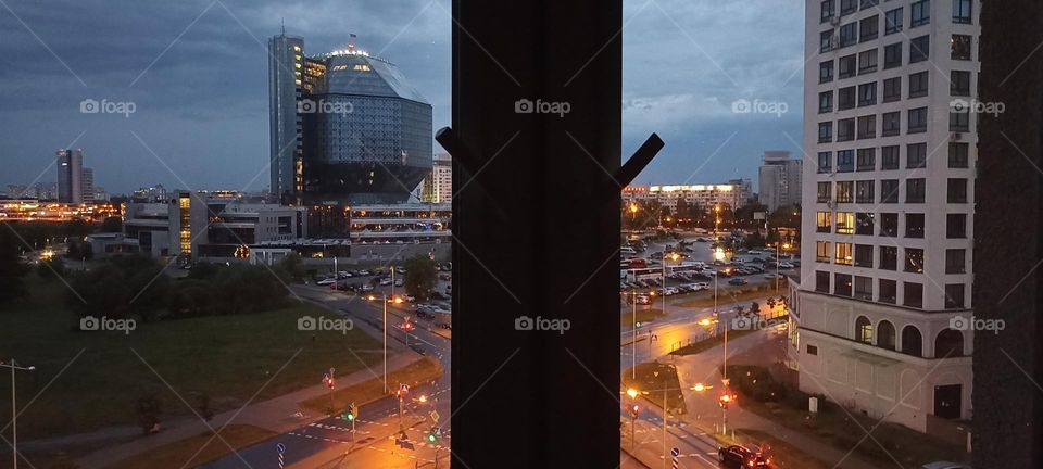 beautiful night light street view, windows magic light, cityscape window view