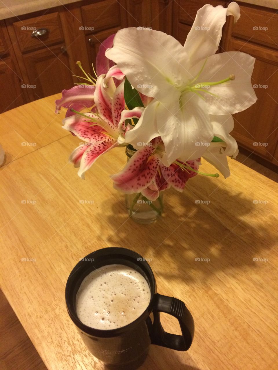 Morning coffee and fresh flowers 
