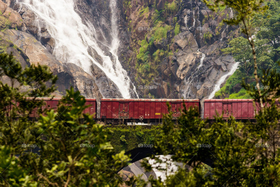 High angle view of train on bridge