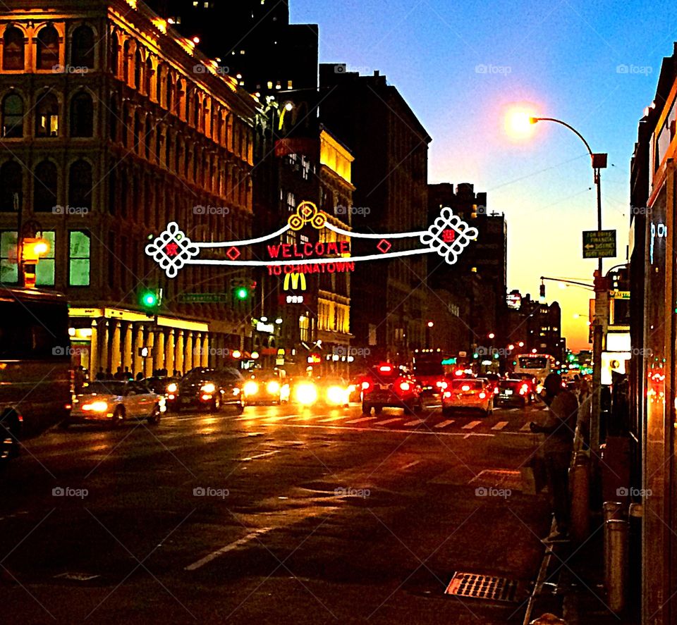 Chinatown, NY at Sunset. Welcome to China Town sign caught at the beginning of a New York sunset 