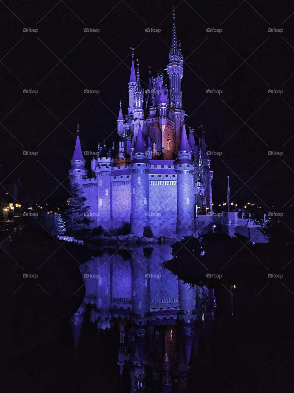 Disney castle dressed in purple showing itself through the reflection of a river 