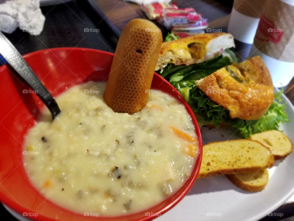 soup and bagel and bagel chips