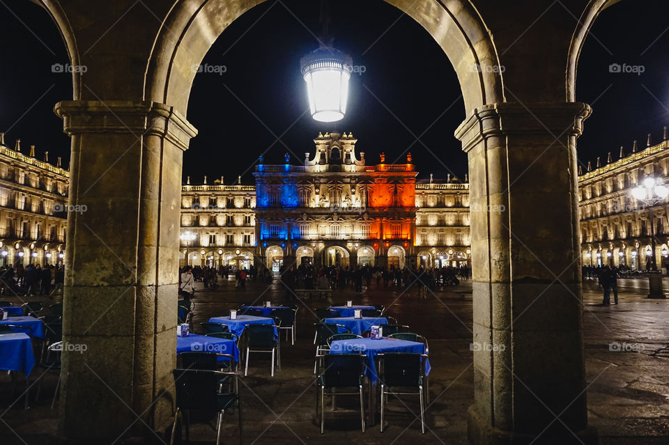 Salamanca’s stunning Plaza Mayor lit up with colors of the French flag to show support after the Nov. 13, 2015 Paris attacks. Photo taken Nov. 15, 2015 in Salamanca, Spain