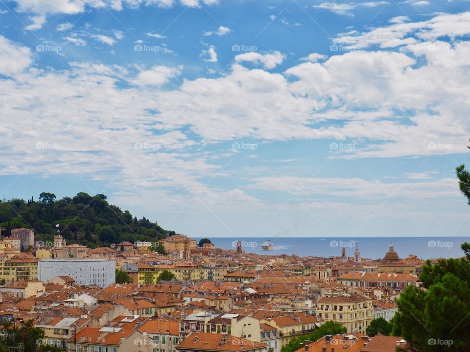 Panoramic view of the city from high above in the Cimiez neighborhood of Nice, France.