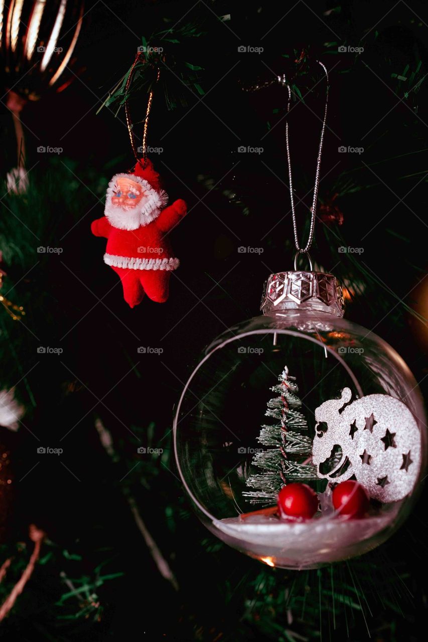 Christmas tree decorations hangings close up shot