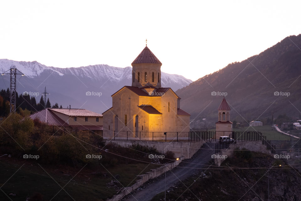 Beautiful landscape of church in evening moment in Georgia countryside