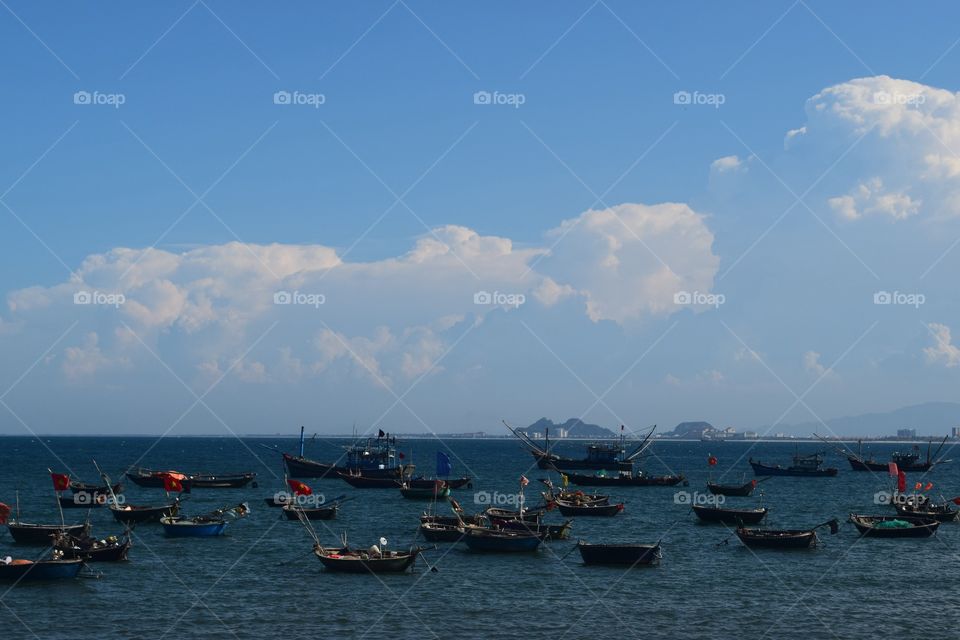 Floating fishing boats . Floating fishing boats at the beach of Da Nang (Vietnam)