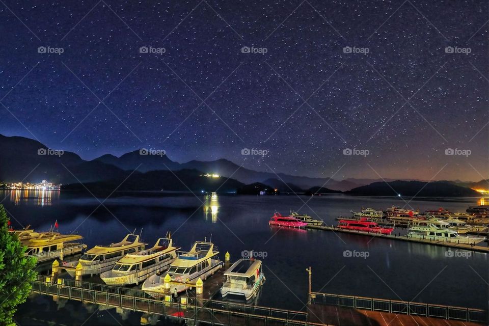 Beautiful mountain and lake night view scenery