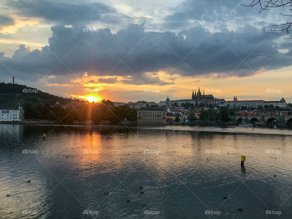 Sunset over Charles bridge, Prague.