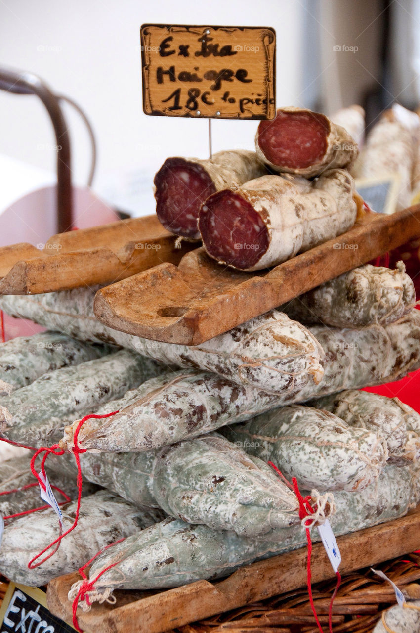 Sausage piled I at the farmers market in France