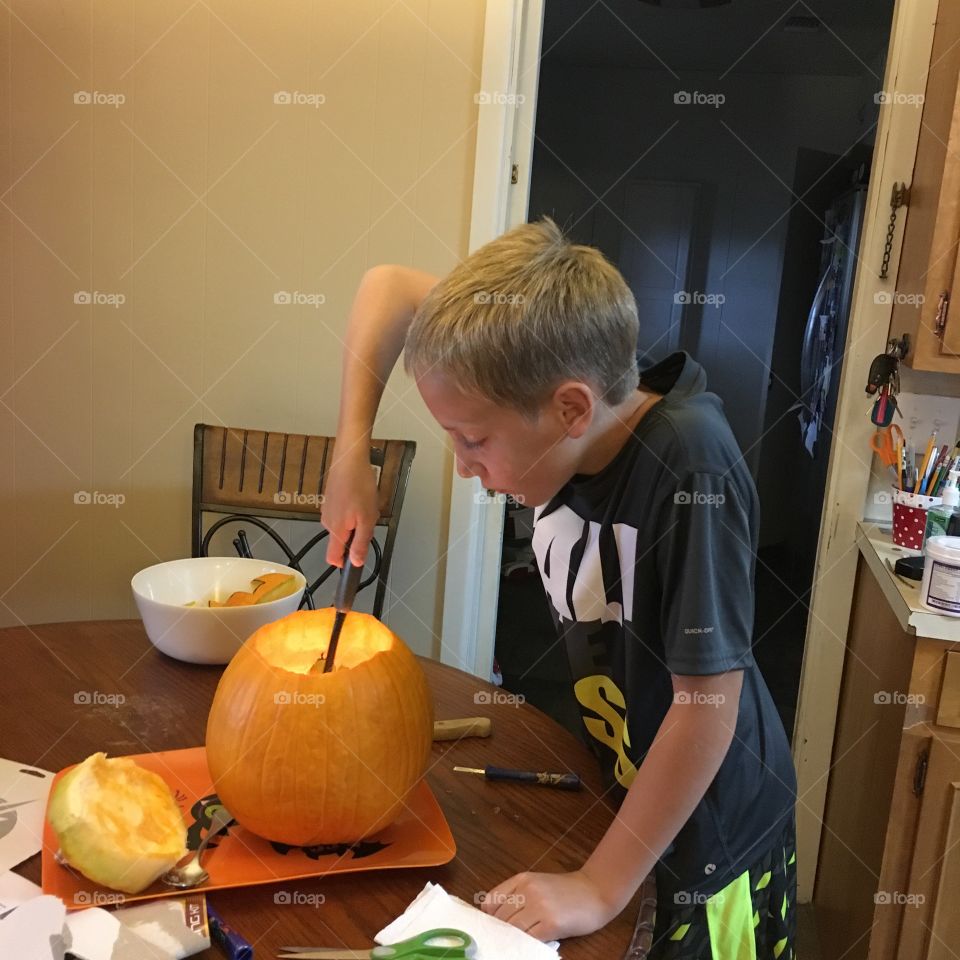 Child, Indoors, Halloween, Room, Pumpkin