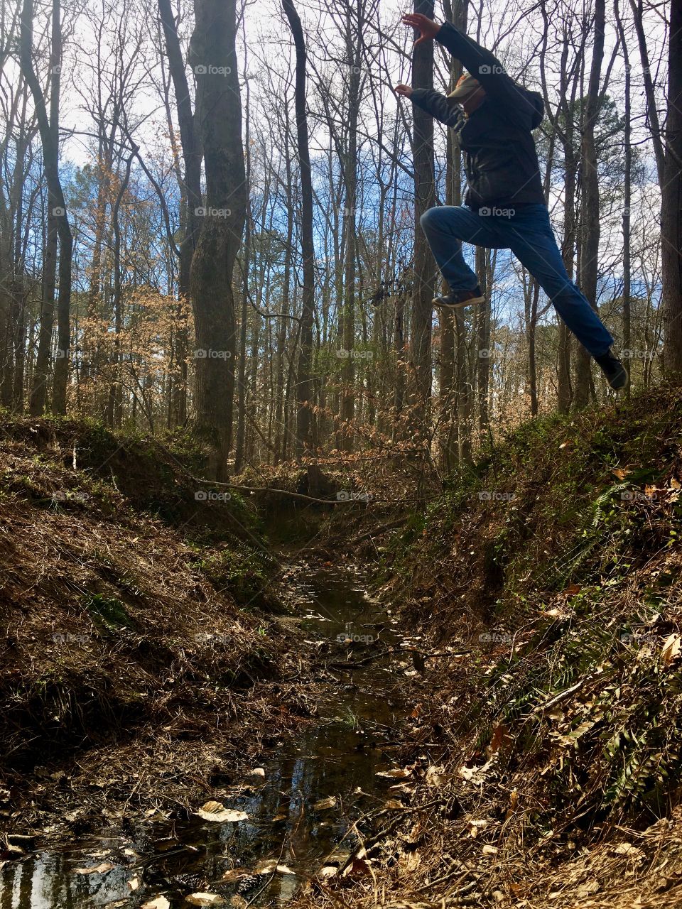 Having fun experimenting with the camera timer on action shots. It’s a fine day for ditch jumping. 