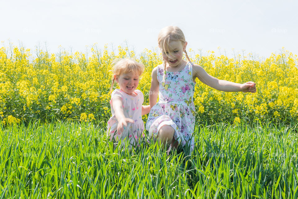 Sisters walking in yellow flower field