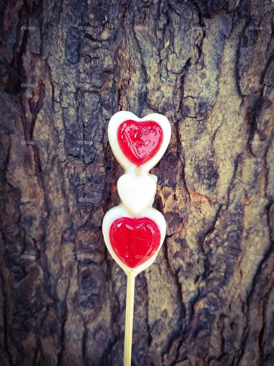 A lollipop candy on tree wood background. Concept for Valentines Day