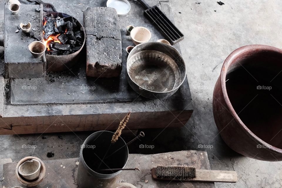 Pots and pans in a silver workshop