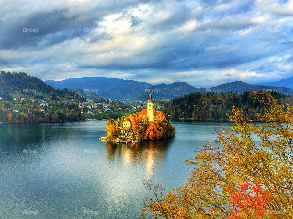 High angle view of Lake Bled with St. Marys Church