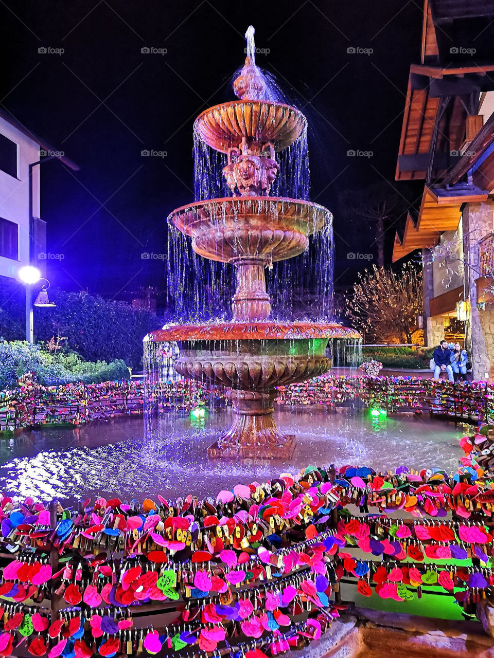 Gramado, Rio Grande do Sul, Brasil. Brazil. fountain of Love. Fonte do amor eterno. Night. Padlock. Cadeado