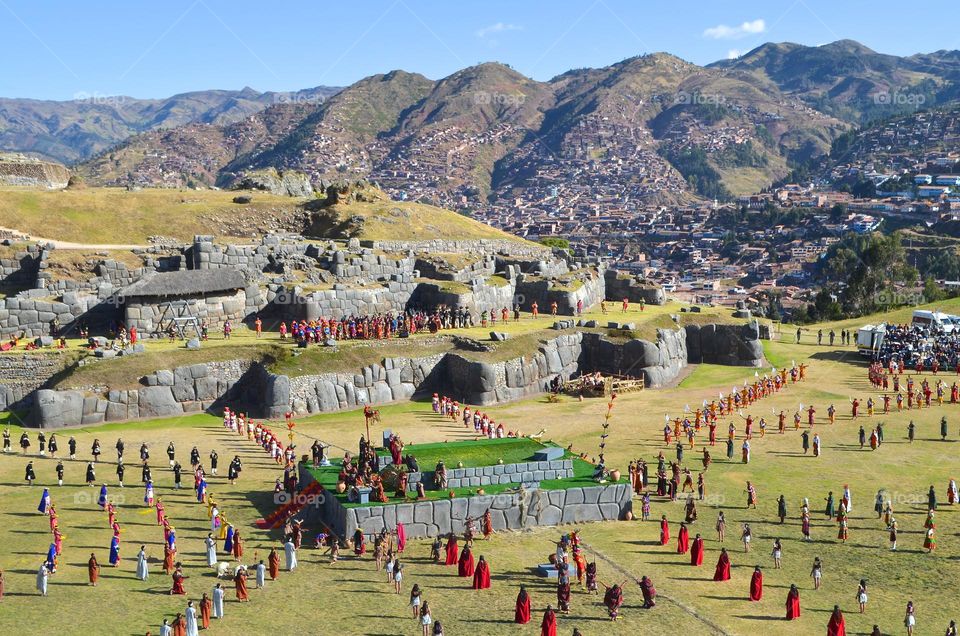 Inca fortress overlooking Cusco during Inti Raymi, or Sun festival in Peru