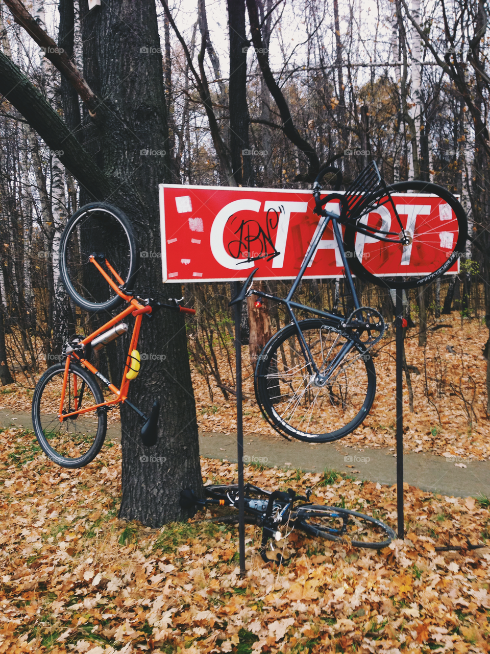 Three bikes at the start position of bicycle lane in Sokolniki park in Moscow