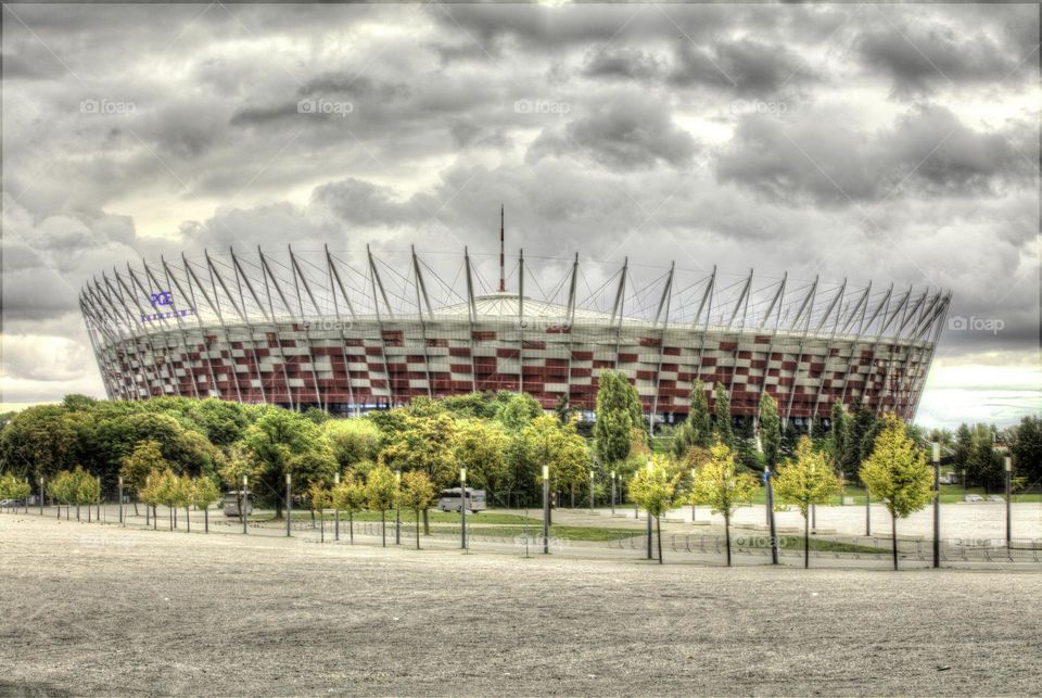 dark clouds over the city stadium