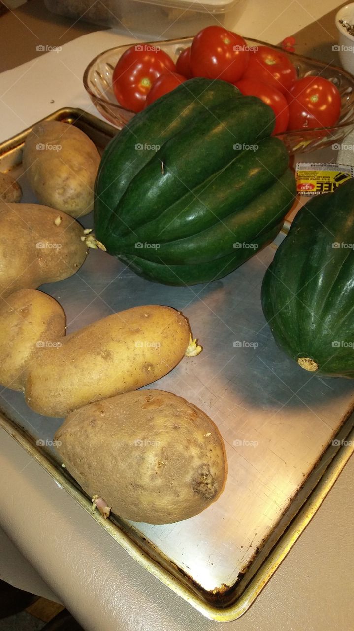 Potatoes, Acorn Squash, & Tomatoes