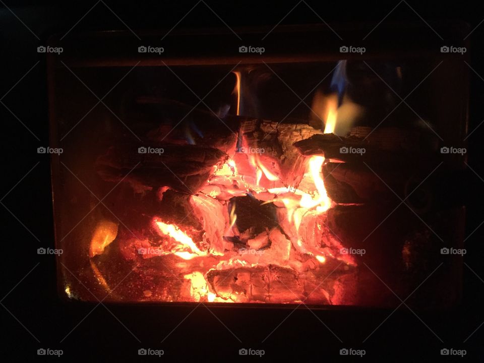 Late Night Wintertime Cabin Blazing Fireplace Burning Wood for Heat