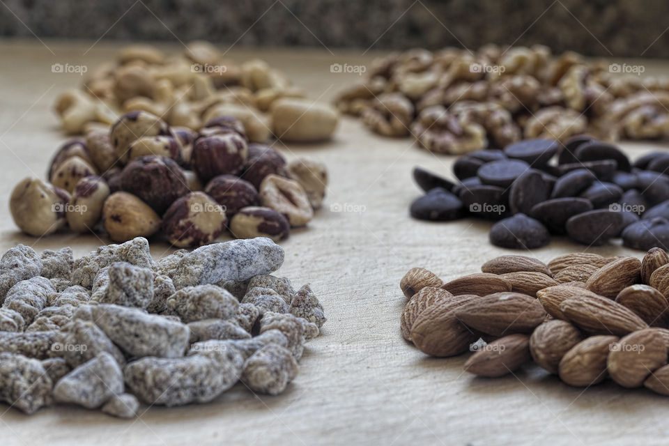 Closeup of nuts, chocolate, etc