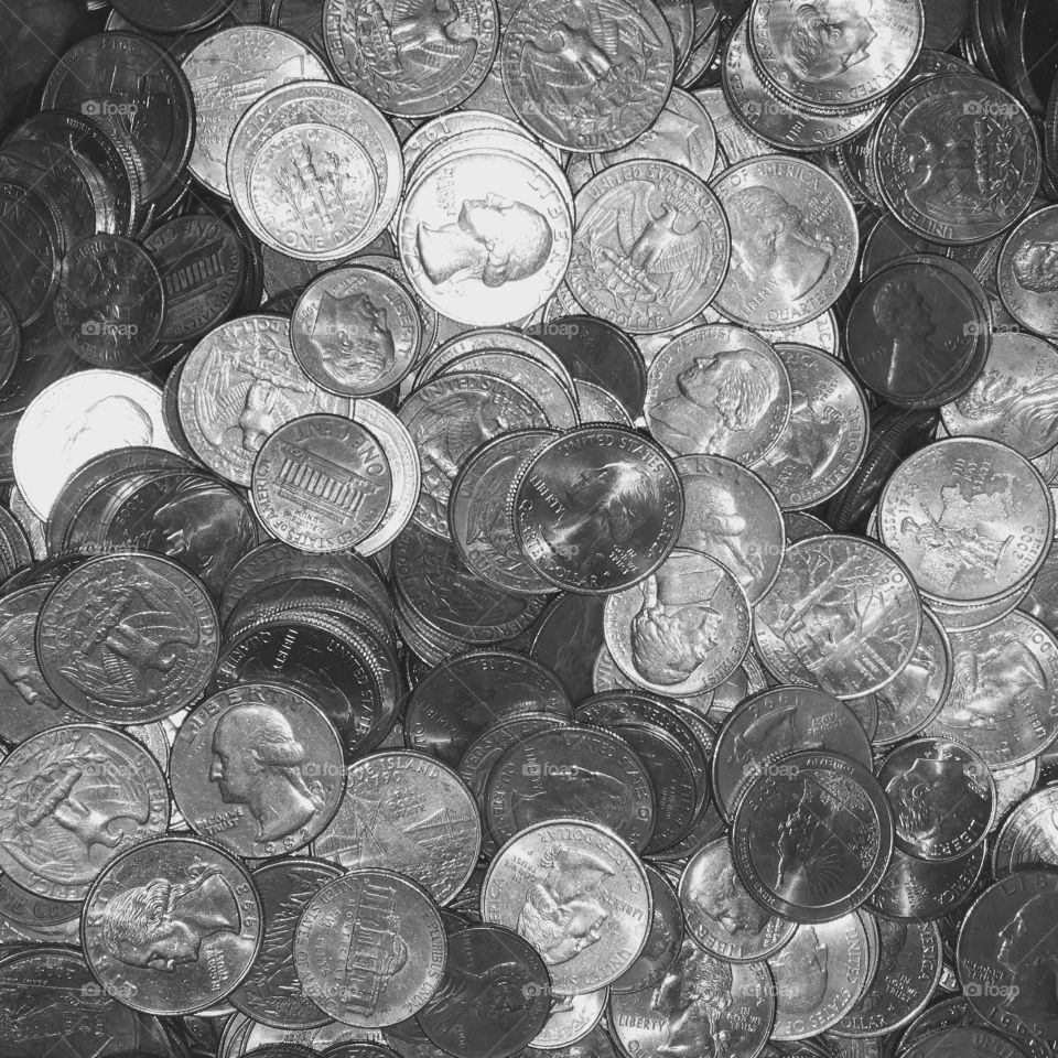B&W photo U.S. variety of coins.
