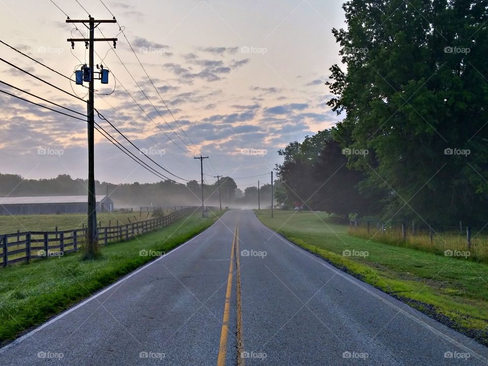Dawn at the countryside . Walking in the early morning