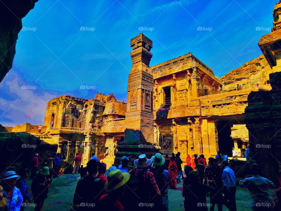 A warm sunlight on the Ellora Kailasanatha temple complex 