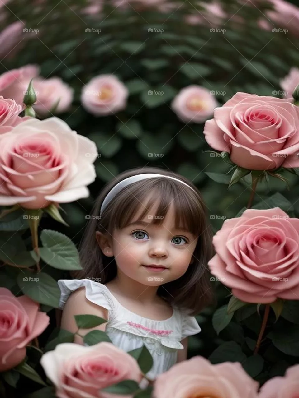 Beautiful girl playing among roses