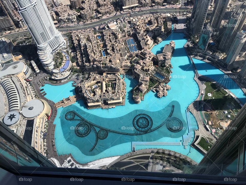 From the top of the Burj Khalifa looking down to the dancing fountains and their surroundings. £20.00
