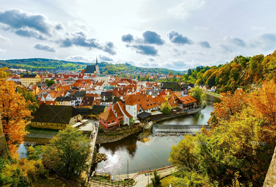 Cesky Krumlov cityscape in fall