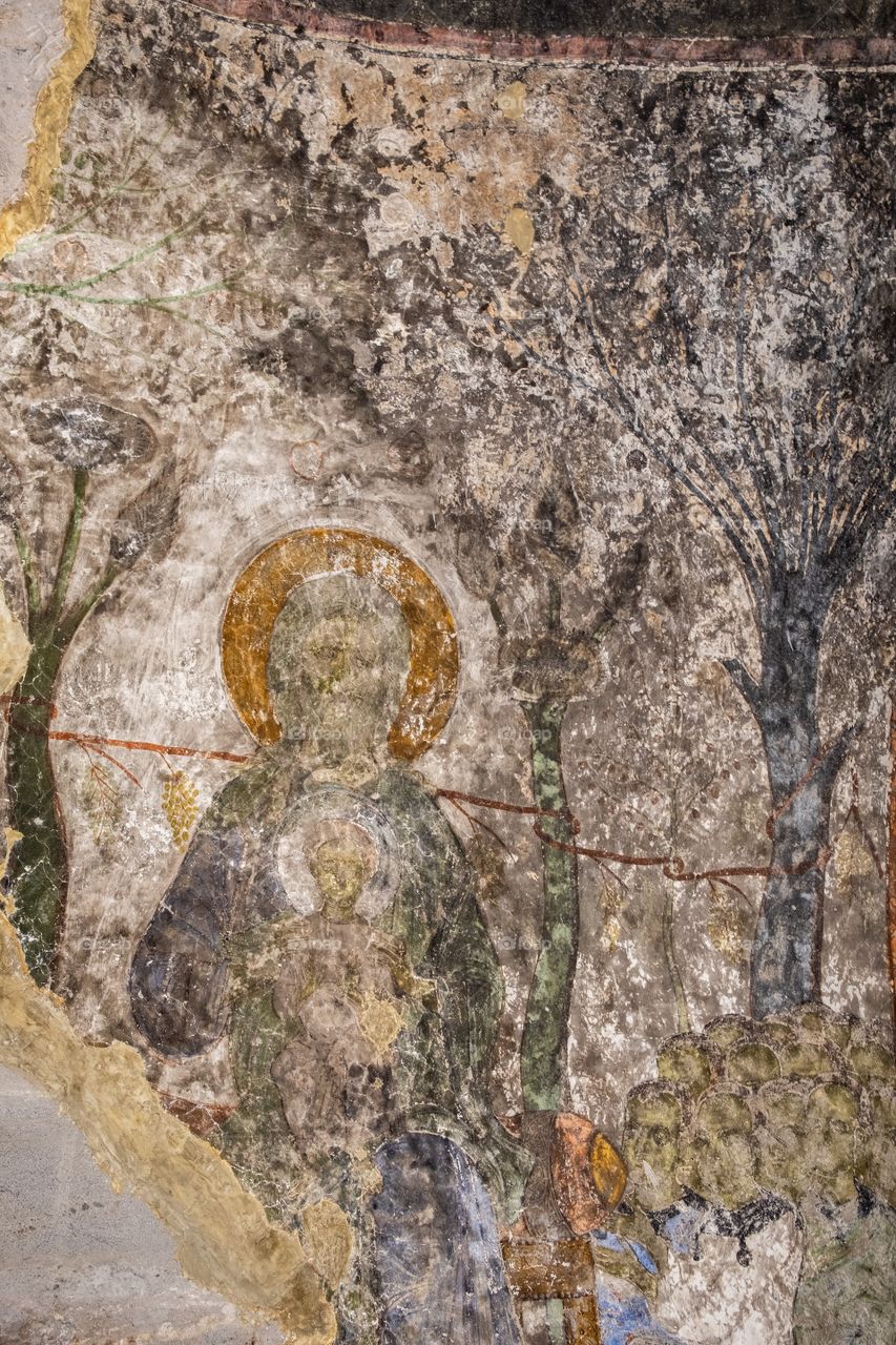 Beauty colorful wall art at The famous cave town of Georgia, Vardzia cave monastery 