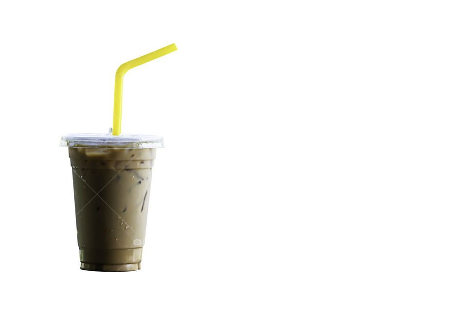 Iced coffee in a plastic glass on a white background with clipping path.