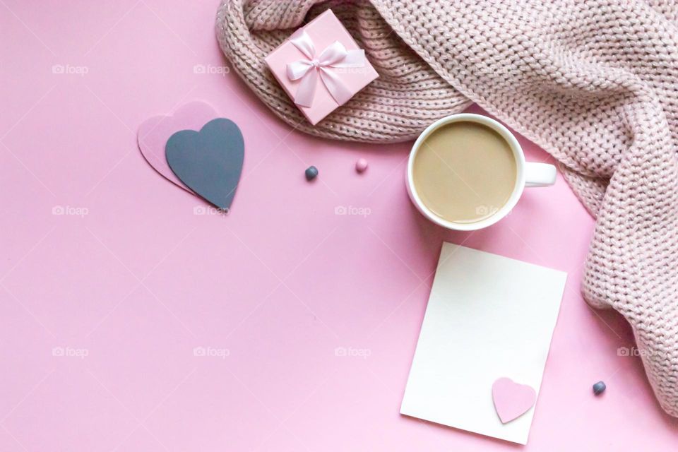 flat lay on pink background, coffee