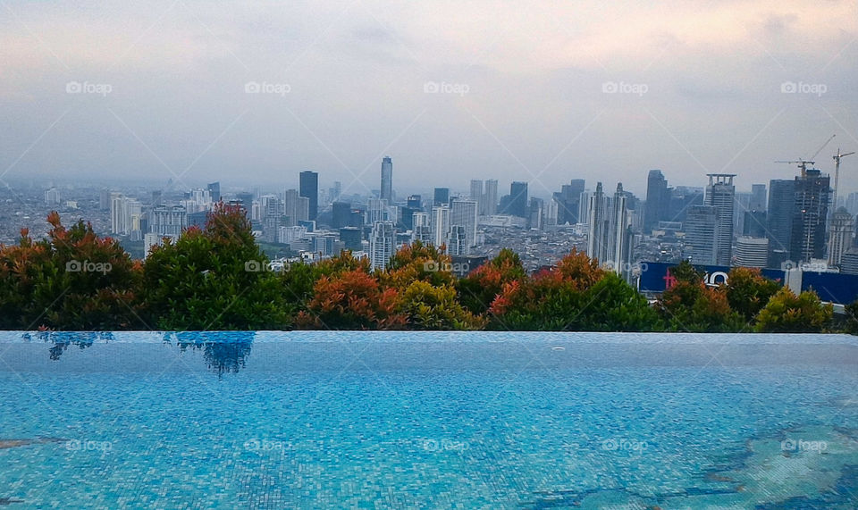 Overlooking the city skyscrapers.