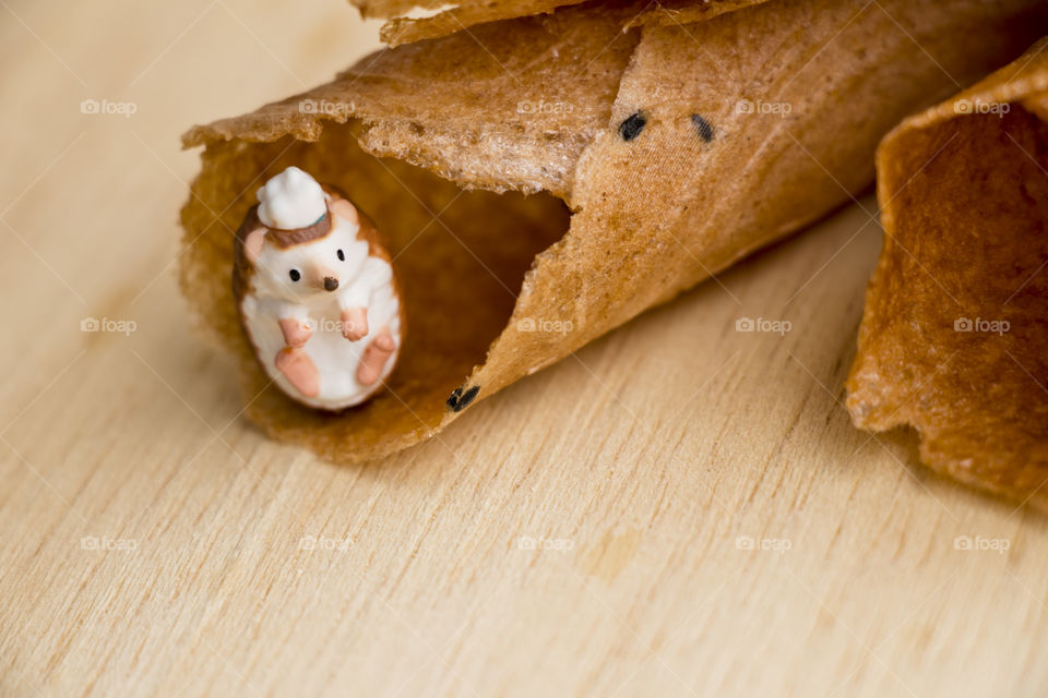 Miniature toy with fresh rolled wafer, Thai crispy rolled.