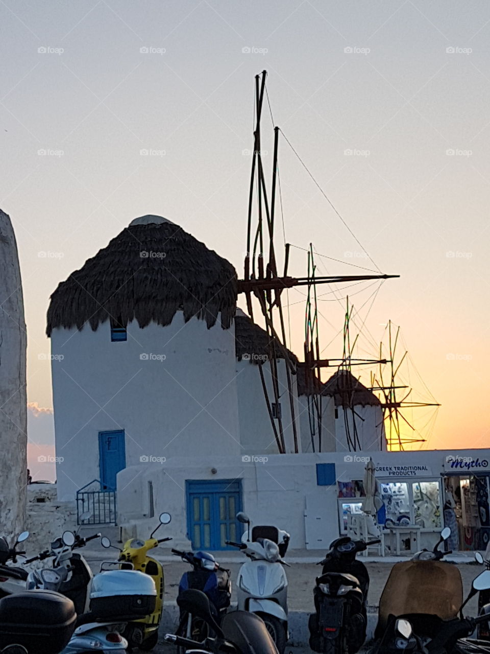 windmill windmills Greece sunset