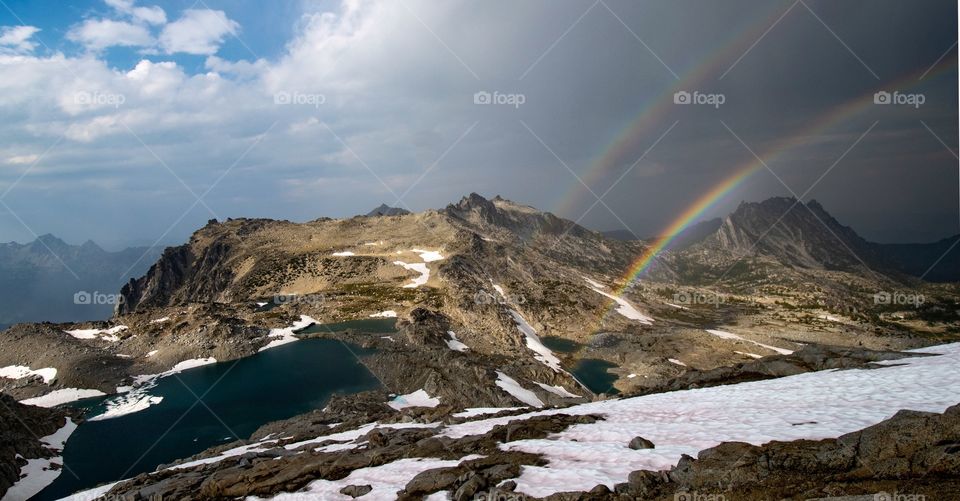Double rainbow over Lake Inspiration in The Enchantments, Central Cascades, WA. 