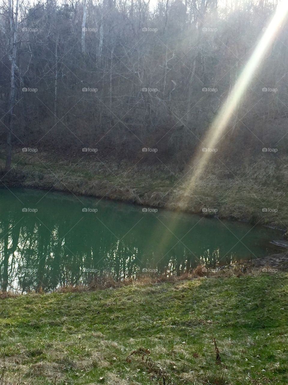 This was taken in New Richmond Ohio as the sun rose creating rays and reflecting into emerald color pond