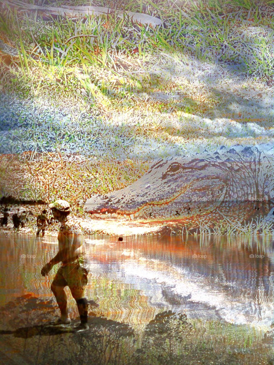 Alligator and a man on the beach.