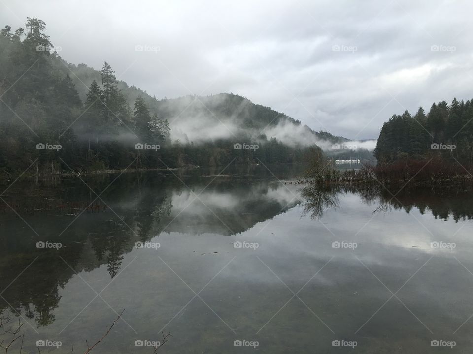 Mountain and trees reflecting on the lake