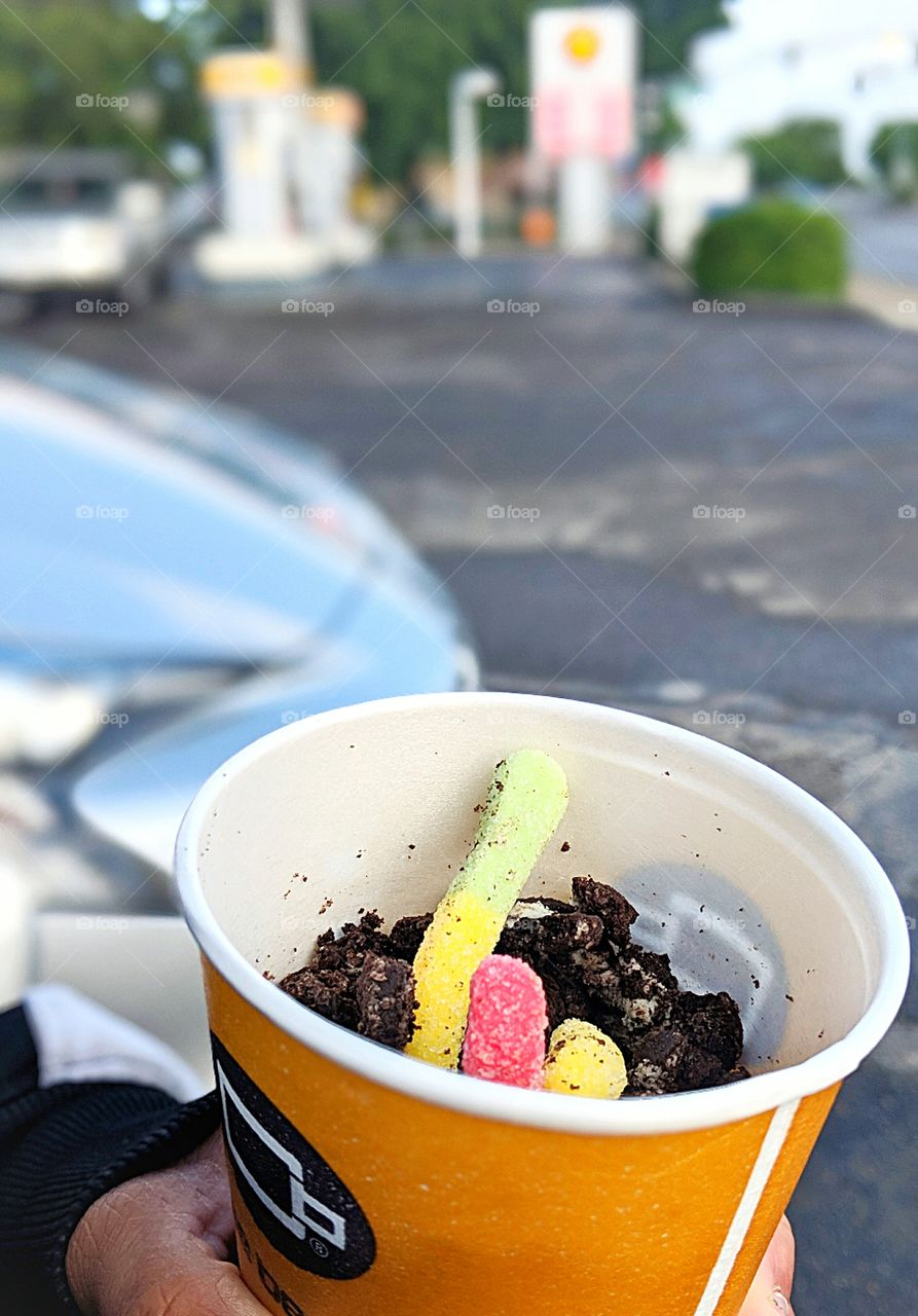 Shell Standout Snack with crushed cookie and gummy worms off hwy 99 in Madera CA