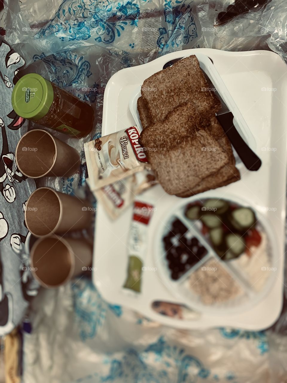 Nice light breakfast, olives, tomatoes, cucumbers, and yogis