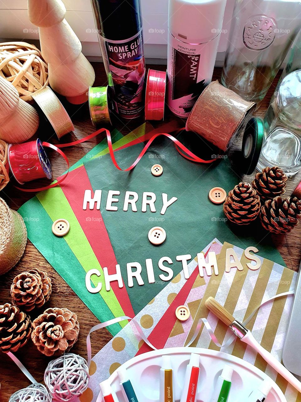 Flatlay of items to create Christmas decorations