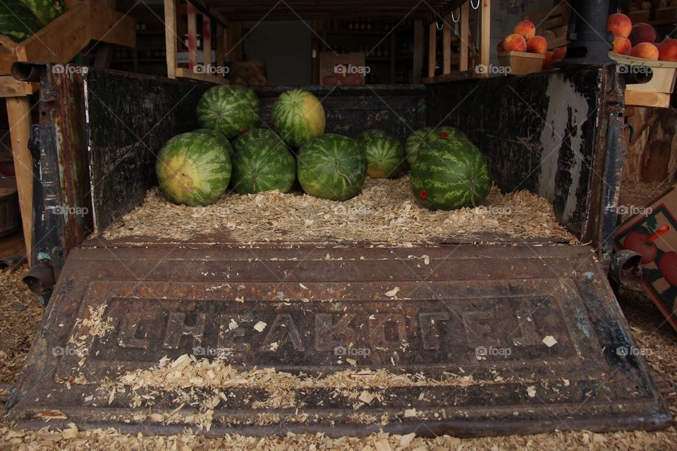 Watermelons for sale are on display in an old pick up truck in Georgia. 