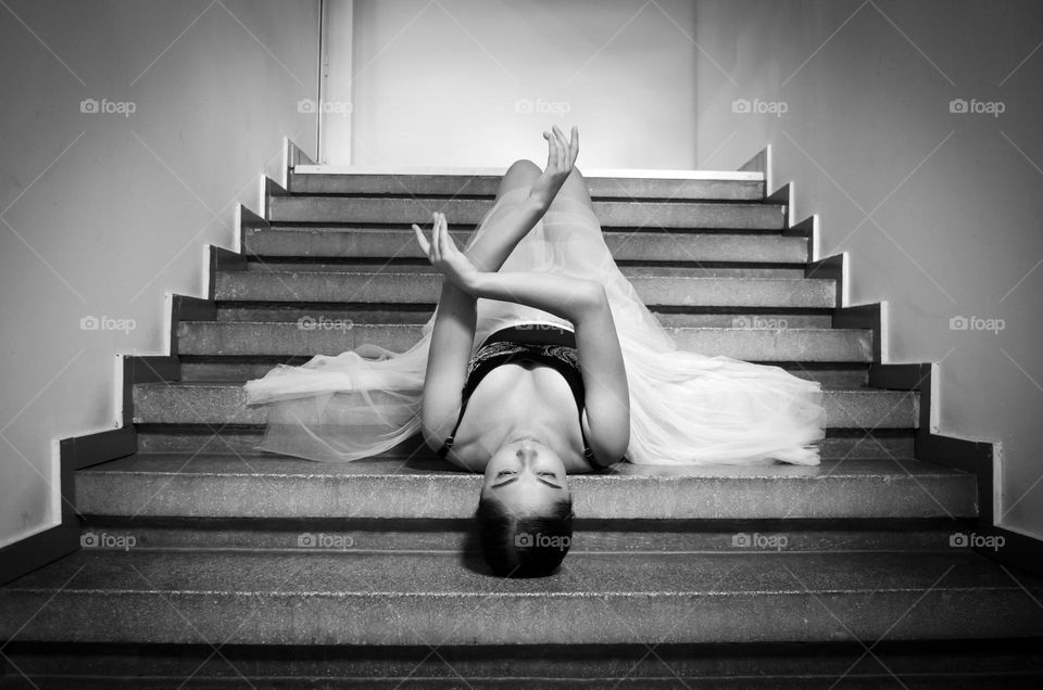 Ballerina posing on Stairs, Black and White